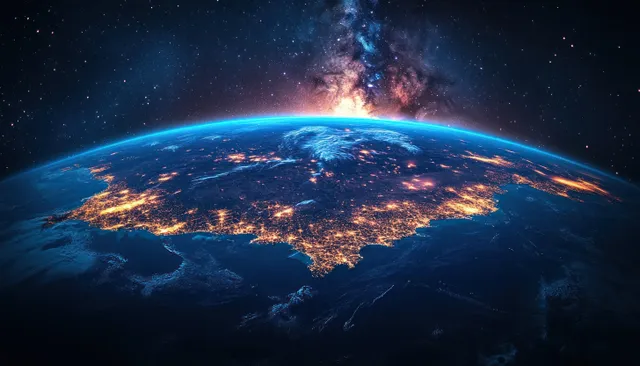 Africa continent on Earth viewed from orbit, glowing sunlight over starry space backdrop