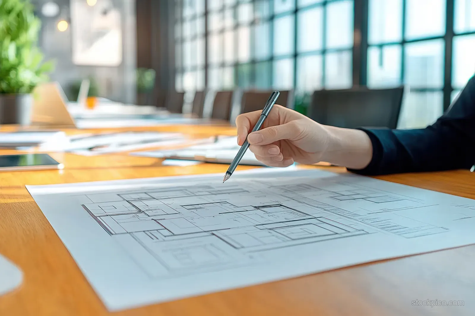 A woman realtor marks an architectural blueprint on a conference table in a bright modern office.
