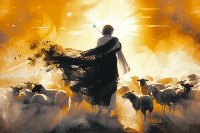 Jesus shepherds his flock at sunrise, misty pasture glowing with golden light