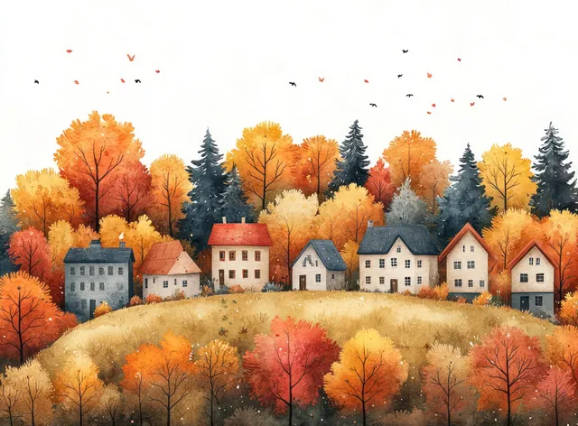 Whimsical autumn watercolor village houses on rolling hills with colorful trees