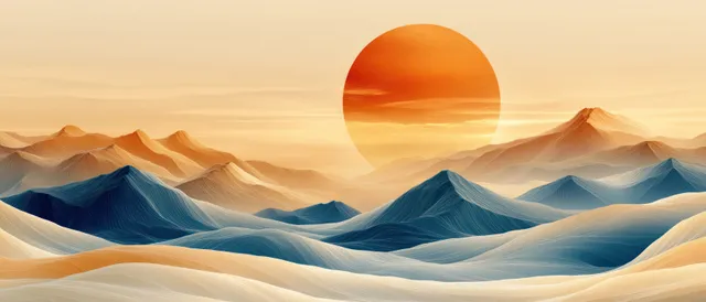 Minimalist layered mountain silhouettes with golden line peaks under a glowing sunset sun disc on a warm gradient background.