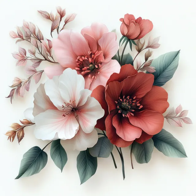 Watercolor floral bouquet with soft pink and deep red blooms on white background