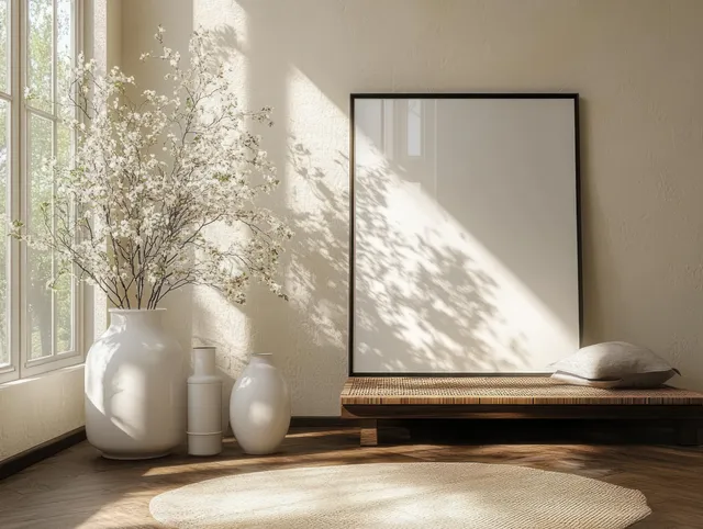 Sunlit living room corner showing a framed blank poster above a wooden base and neutral vases beside a rug.