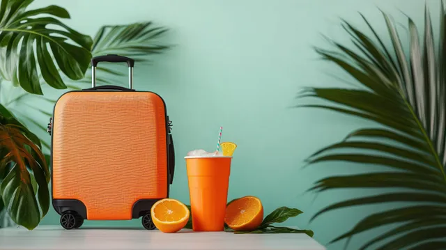 Bright orange rolling suitcase next to a cold orange drink with ice, straw, and orange halves on a turquoise background.