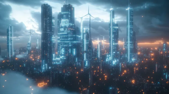 Futuristic skyline at dusk with illuminated skyscrapers and wind turbines rising through misty clouds.