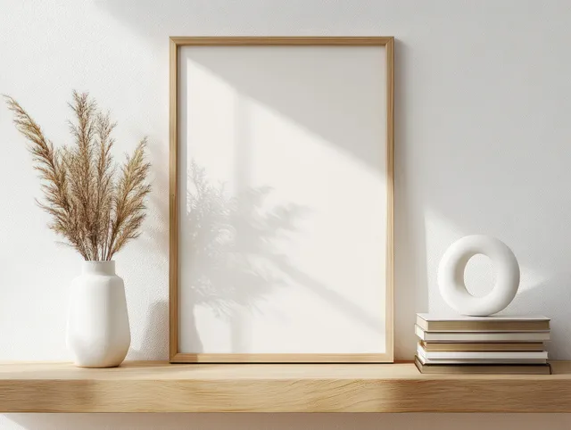Blank picture frame on a wooden shelf with dried pampas grass, stacked books, and a ceramic sculpture.