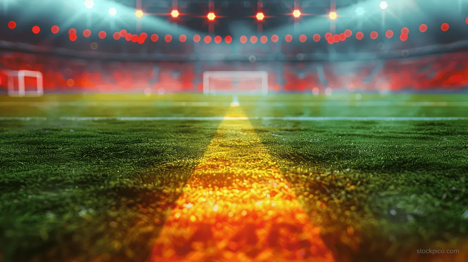 Empty soccer stadium at night with glowing light on the grass and a German flag banner in the stands.