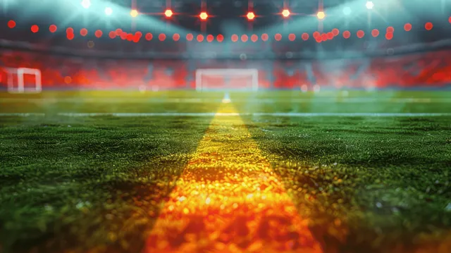 Empty soccer stadium at night with glowing light on the grass and a German flag banner in the stands.