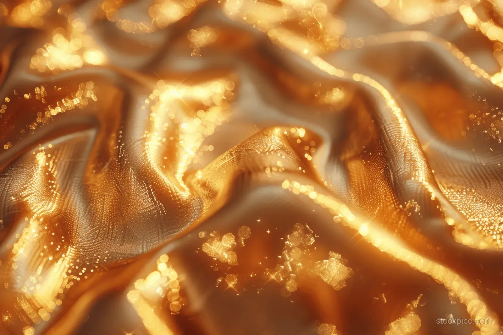 Golden foil swirls with molten metallic highlights and glittering flecks create an abstract amber texture background.