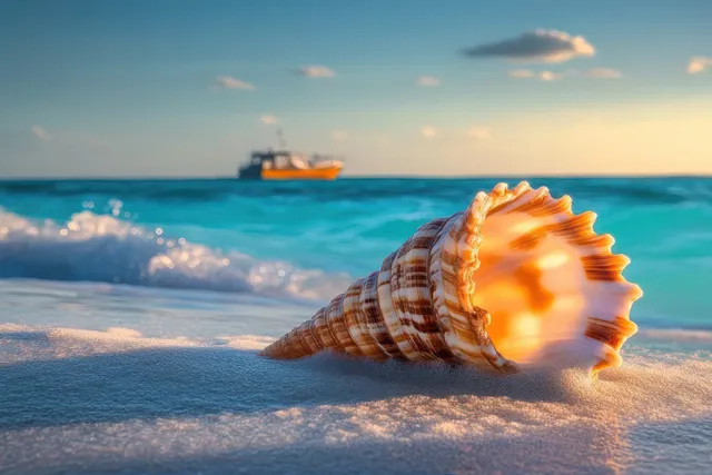 A seashell sits on sandy beach while sunset waves roll in and a small boat floats in the distance.