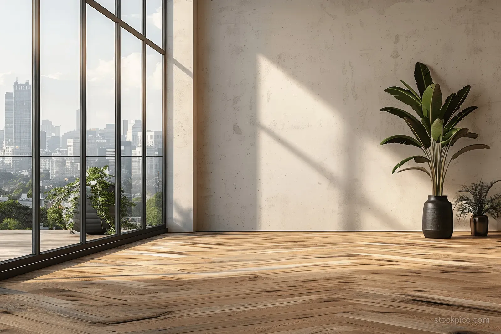 Sunlit minimalist dining corner with large window city view, beige wall, and black vase holding a green plant.