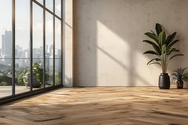 Sunlit minimalist dining corner with large window city view, beige wall, and black vase holding a green plant.