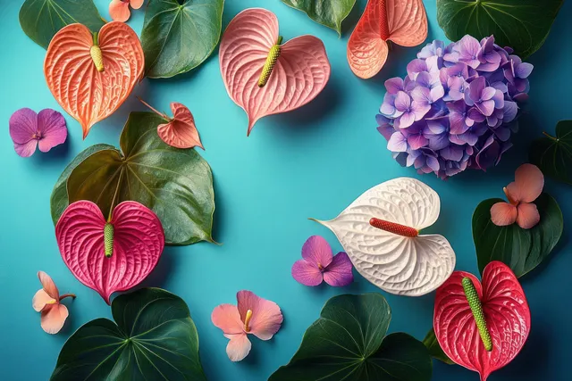 Flat lay arrangement of anthurium blooms and hydrangea petals on turquoise backdrop