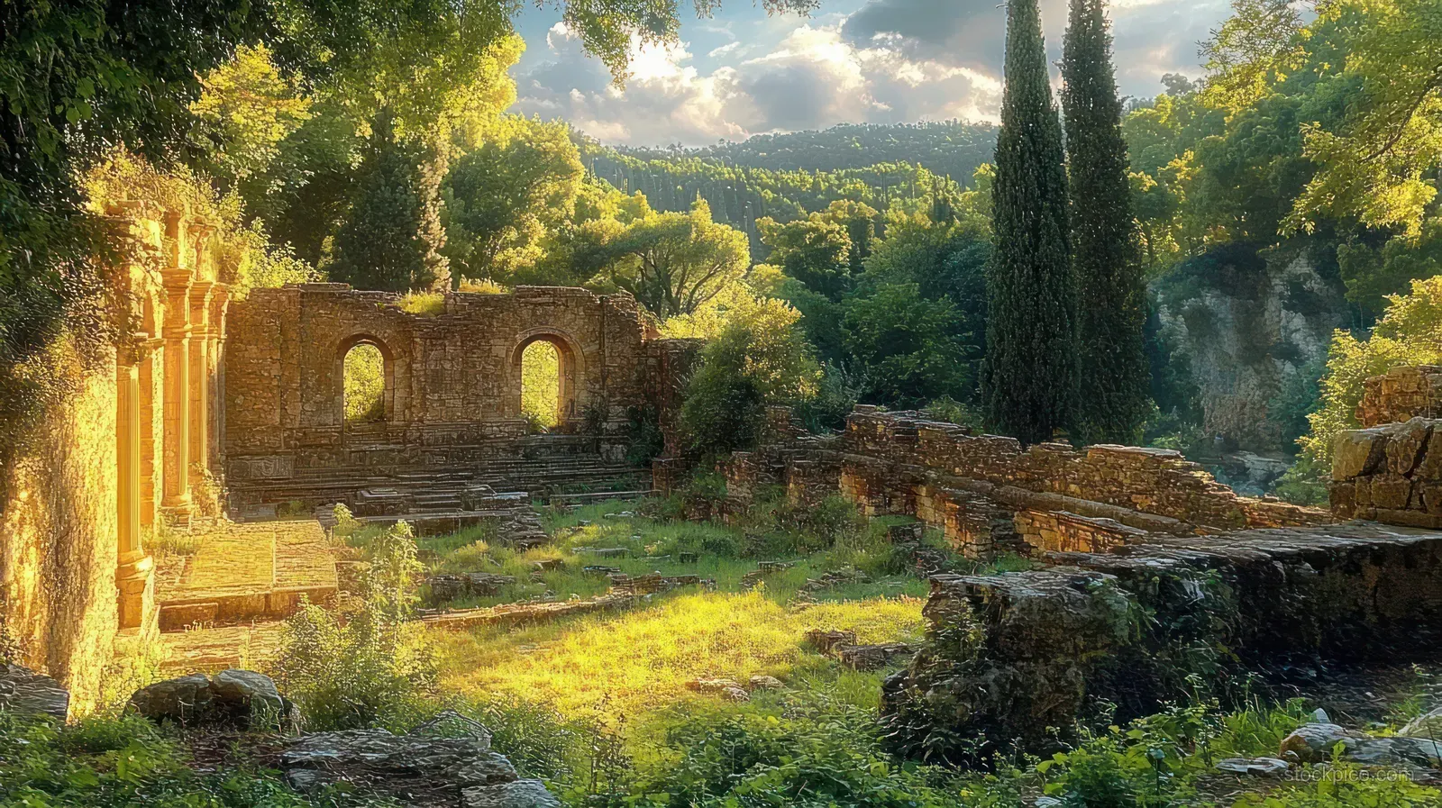 Ancient stone ruins with arched openings sit in a green landscape under warm sunlight and drifting clouds.
