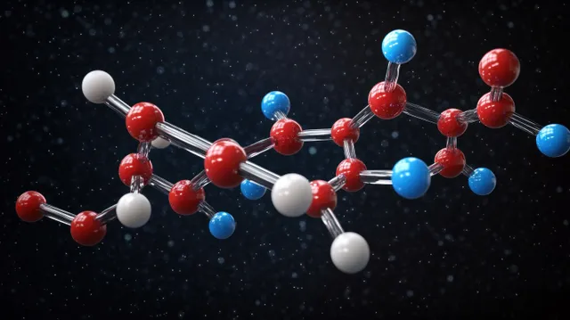 3D molecular model with colored atoms connected by rods floating on a dark speckled background.