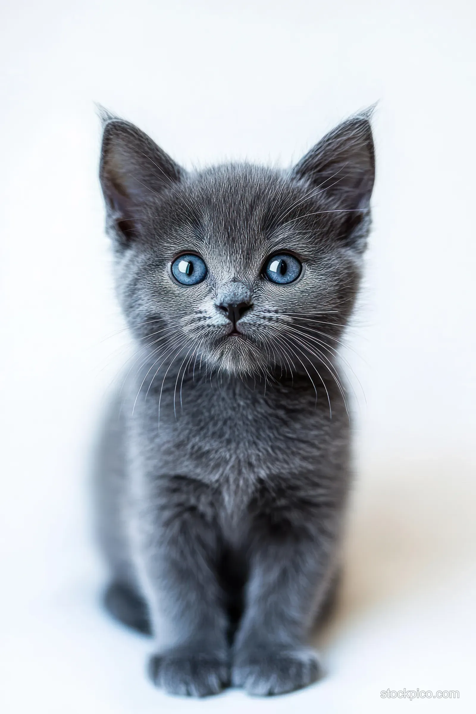 Small gray kitten with bright blue eyes stands alert on a light studio background, showing soft fur and whiskers.