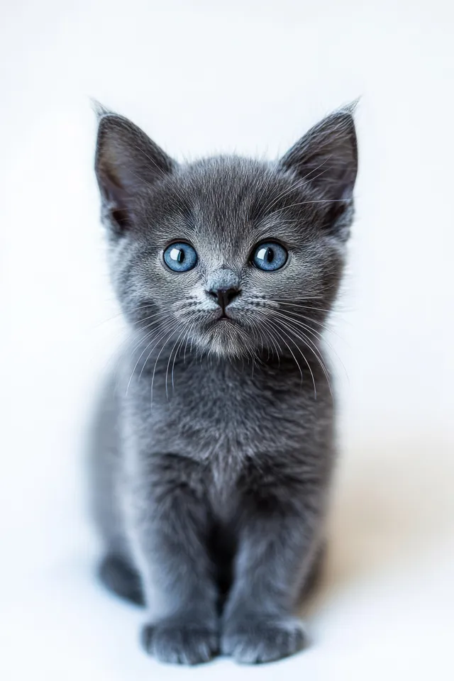 Small gray kitten with bright blue eyes stands alert on a light studio background, showing soft fur and whiskers.