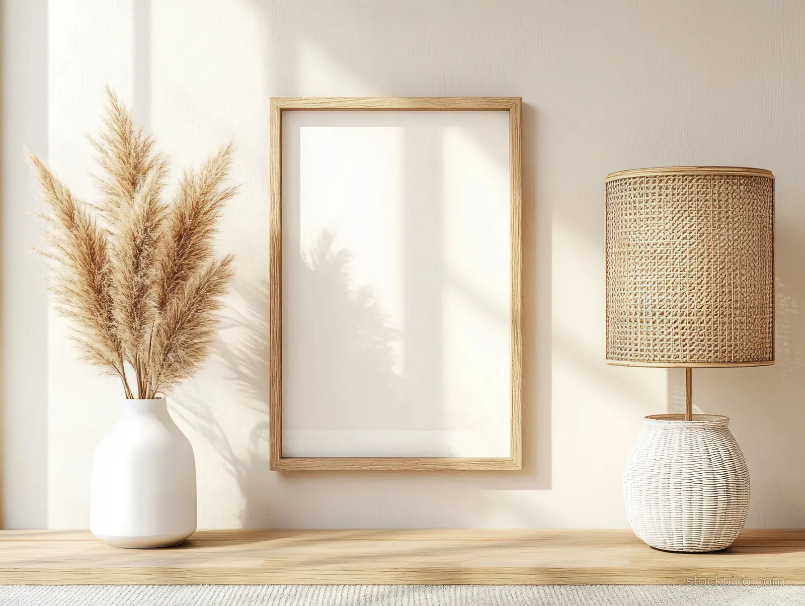 Beige frame wall decor, a ceramic pot with dried pampas grass, and a woven lamp on a shelf.