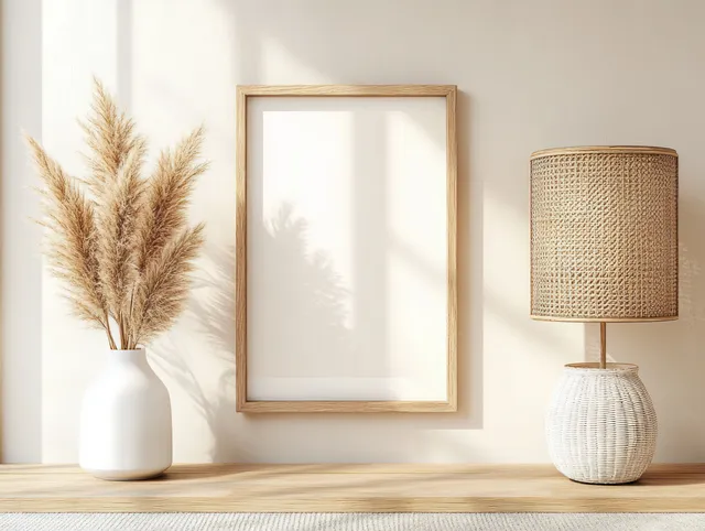 Beige frame wall decor, a ceramic pot with dried pampas grass, and a woven lamp on a shelf.