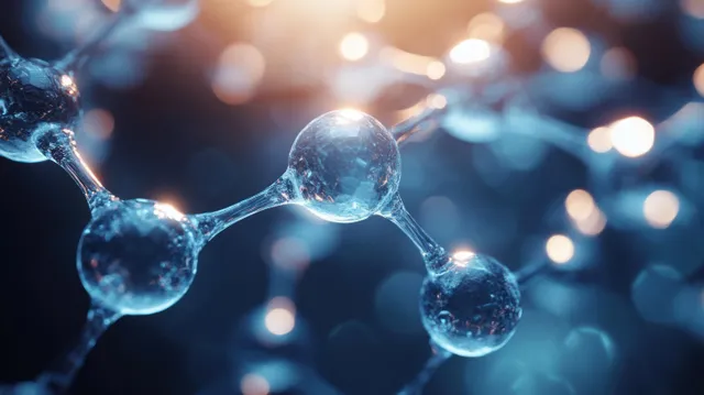 Molecular model spheres connected by glowing bonds in a blue scientific background with Depth Of Field