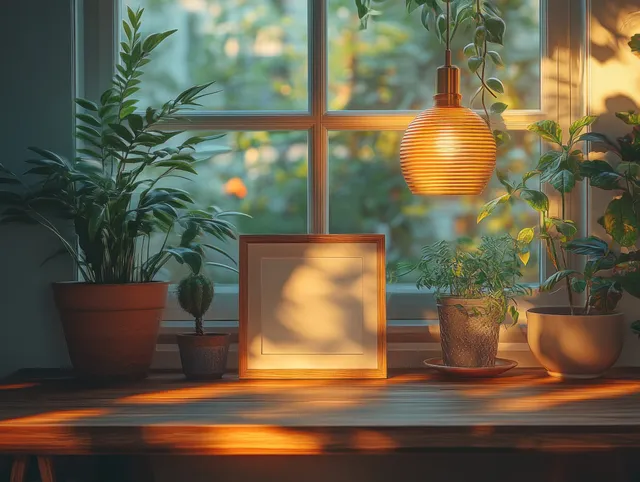 A blank vertical picture frame stands on a wooden desk beside potted plants with warm brass lamp light in a green room.