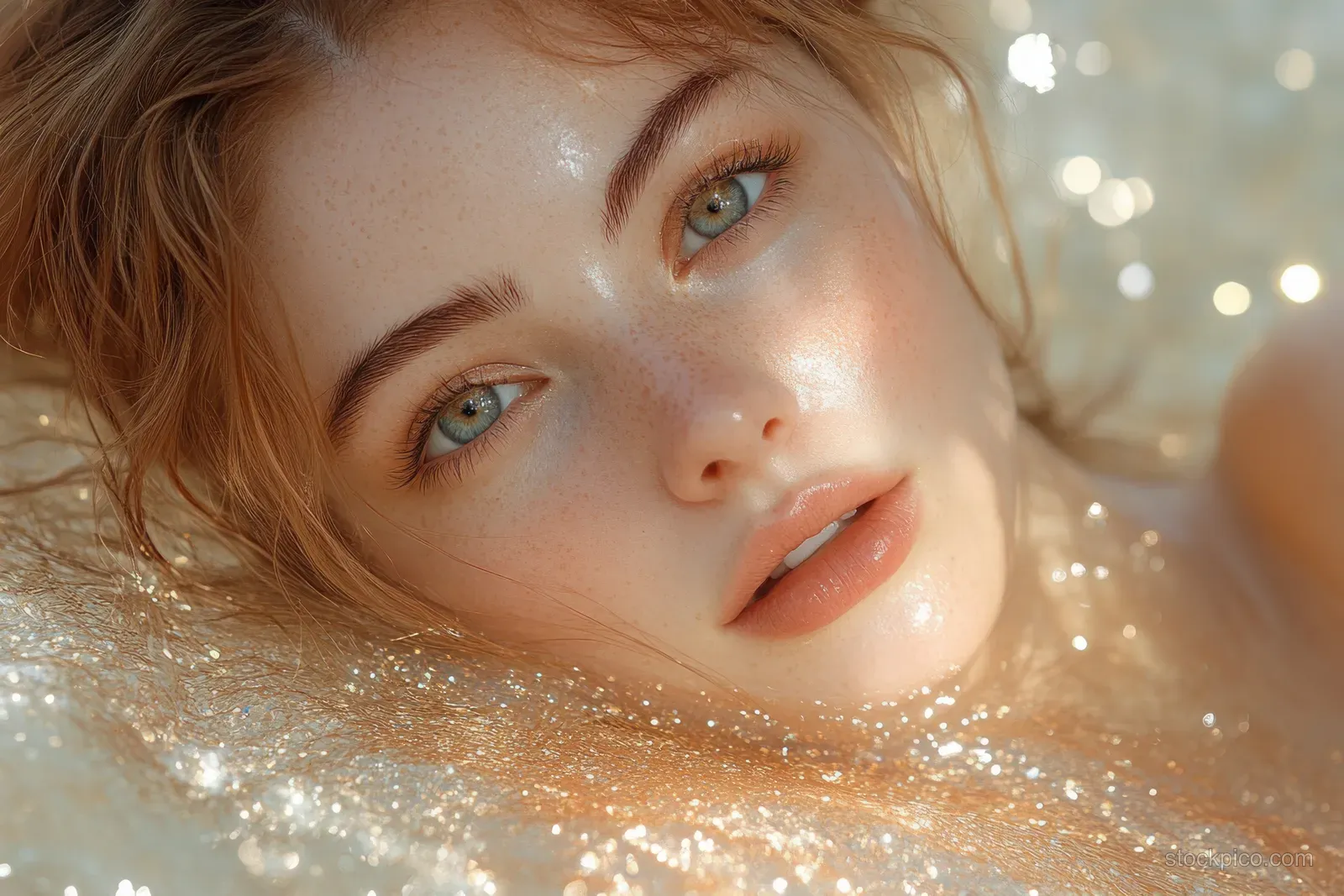 Hyper-realistic close-up portrait of a blonde woman reclining in a golden flowers garden with shimmering light.