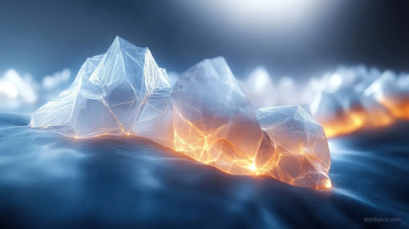 Translucent crystal rocks glow with illuminated network lines on a misty blue surface under soft white lighting.