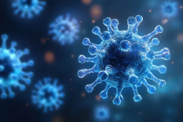 Glowing 3D coronavirus particles float in a dark blue blurred scientific background.