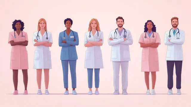 Doctors and nurses in lab coats and scrubs stand with stethoscopes and crossed arms on a soft pink background.