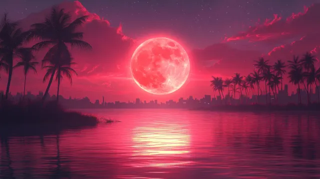 A neon red moon reflects on a still lake as palm trees stand silhouetted against a magenta twilight sky.