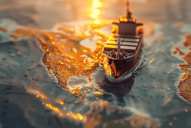 A container ship floats above a glowing North America map showing highlighted shipping routes at sunset.