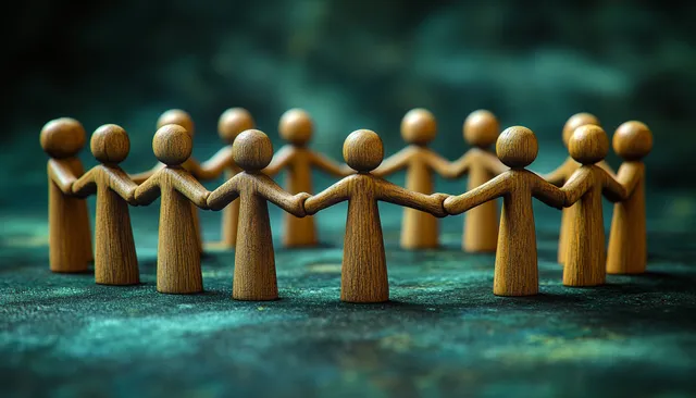 Wooden figurines holding hands in a unity circle on textured dark green surface