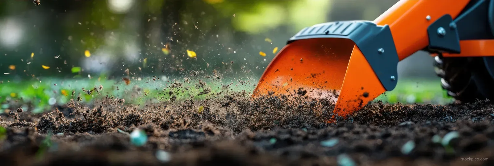 Orange garden tiller blades churn dark soil while dirt particles fly in an outdoor garden.