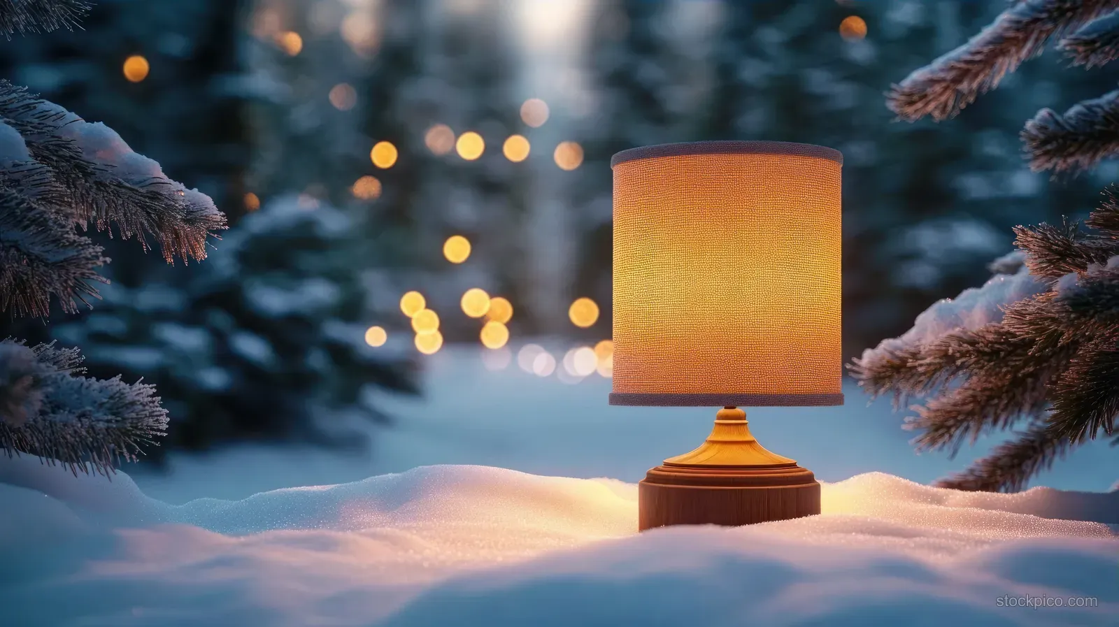 Warm table lamp glowing on snowy ground with frosted pine branches and blurred golden lights in the background.