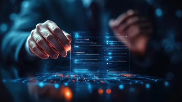 A businessman’s hand touches a glowing holographic checklist in a cyber tech room with digital data overlays.