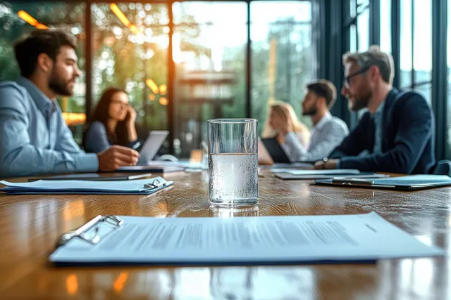 Multicultural team reviewing business strategy report around glass conference table in modern office