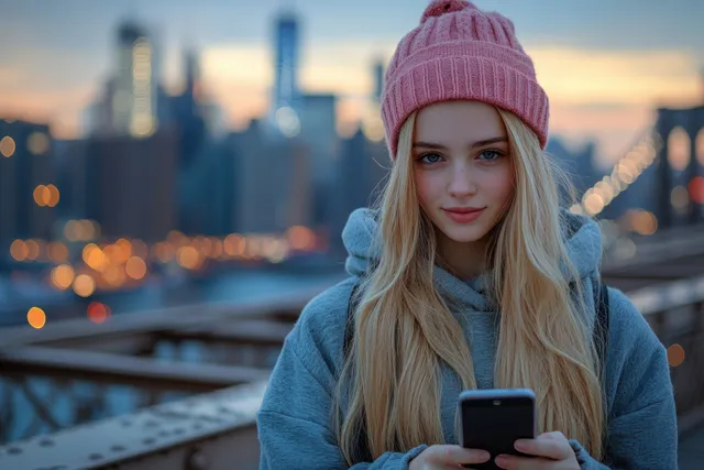 Woman wearing a pink beanie looks at her smartphone on Brooklyn Bridge with Manhattan skyline behind.