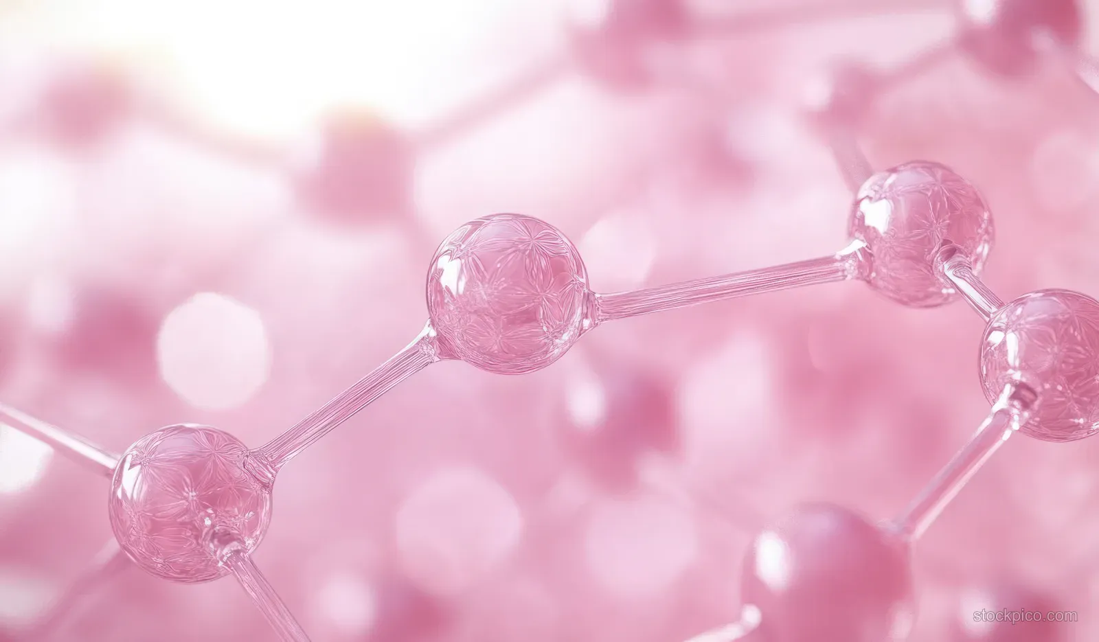 Pink molecular spheres connected by translucent strands on a soft bokeh background.