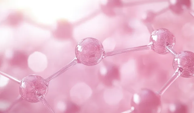 Pink molecular spheres connected by translucent strands on a soft bokeh background.