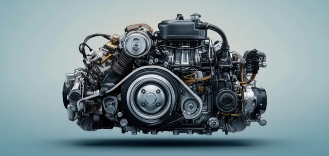 Detailed diesel engine cutaway on clean light-blue studio background with visible belt and hoses