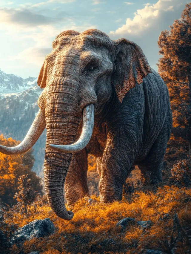 A Stegotetrabelodon elephant with long tusks walks on a grassy hill with mountains and trees behind it.
