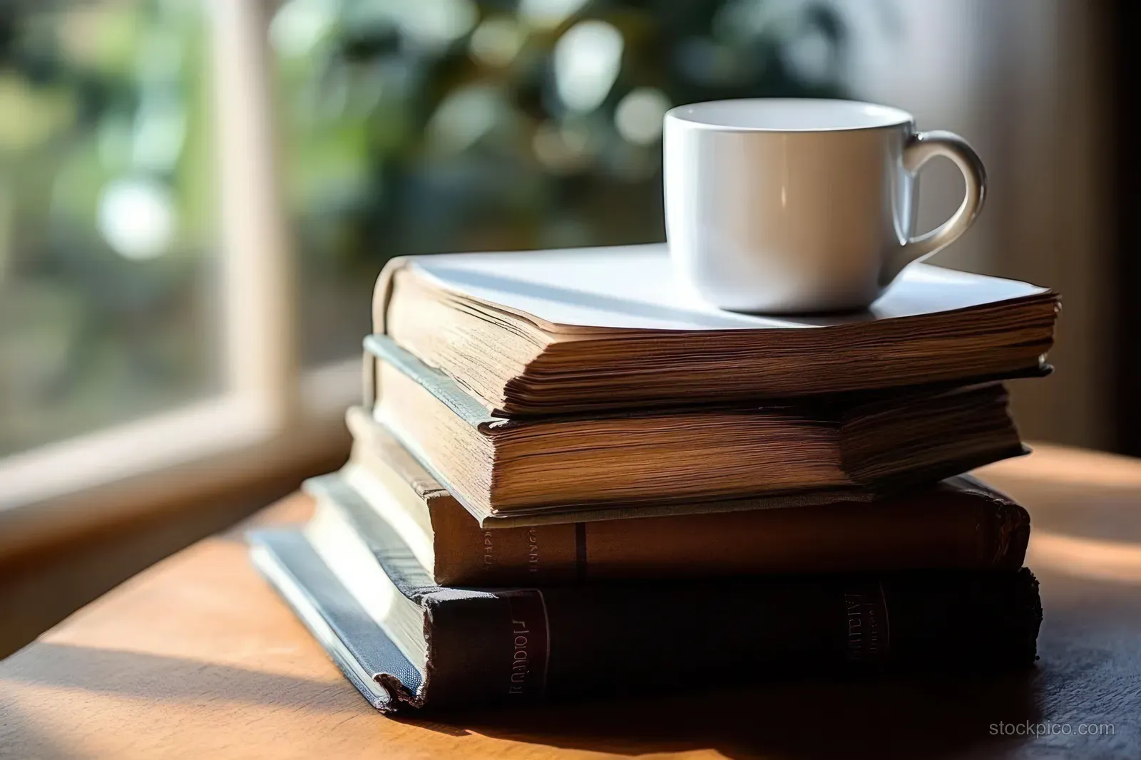 White coffee cup sits on a stack of old books on a wooden table near a bright window.
