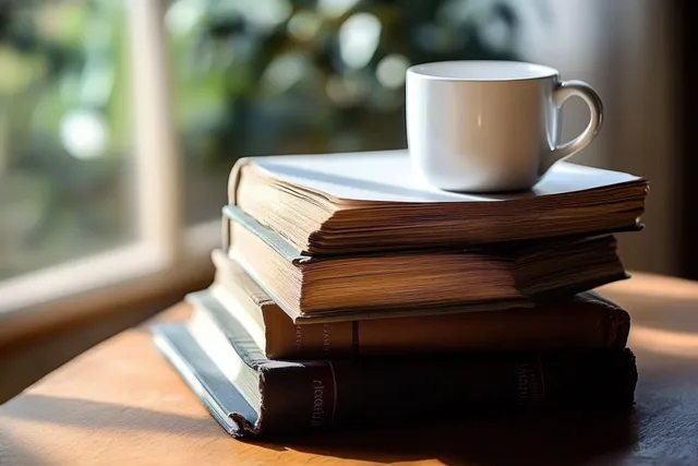 White coffee cup sits on a stack of old books on a wooden table near a bright window.