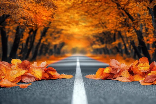 An autumn countryside road recedes into the distance with orange and red leaves covering the roadside.