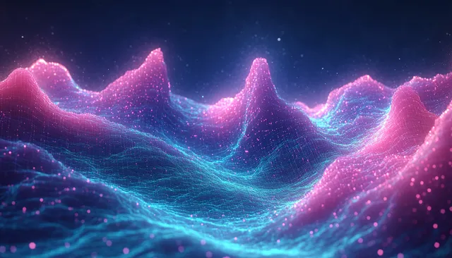 Neon pink and blue glowing wave mountains with floating particles over dark space