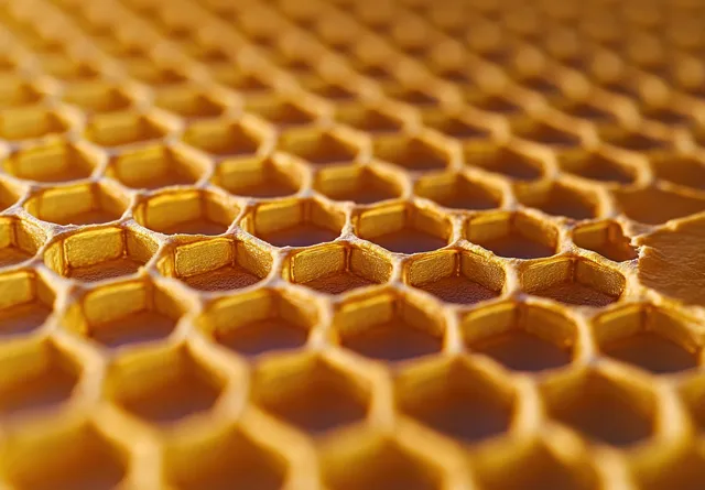 Macro view of amber honeycomb wax hexagonal cells with warm highlights and deep shadows.