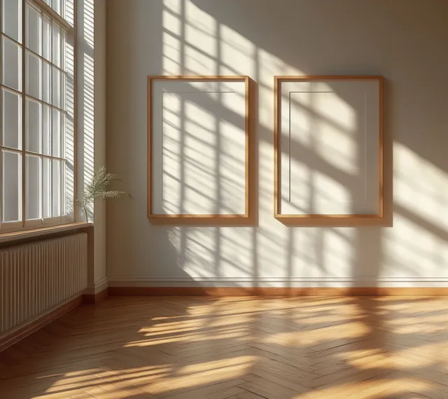 Empty photo frames on wooden floor near bright windows with soft sun shadows
