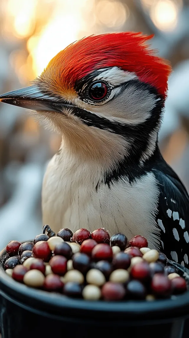 A woodpecker pecks at mixed seeds and nuts in a window feeder, showcasing its detailed plumage against a blurred backyard.