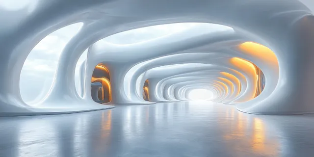 A seamless white curved corridor recedes into the distance under soft glowing light.
