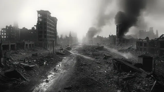 Deserted war-damaged city street with rubble, collapsed buildings, and thick smoke rising in the distance.